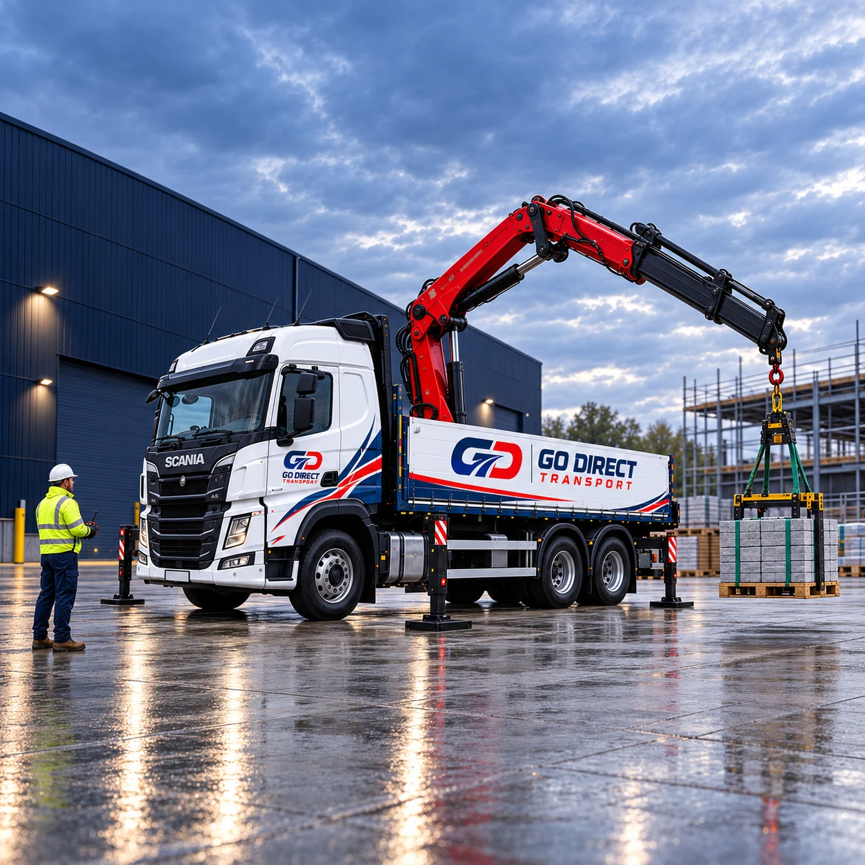 HIAB crane lifting a secured load of building materials