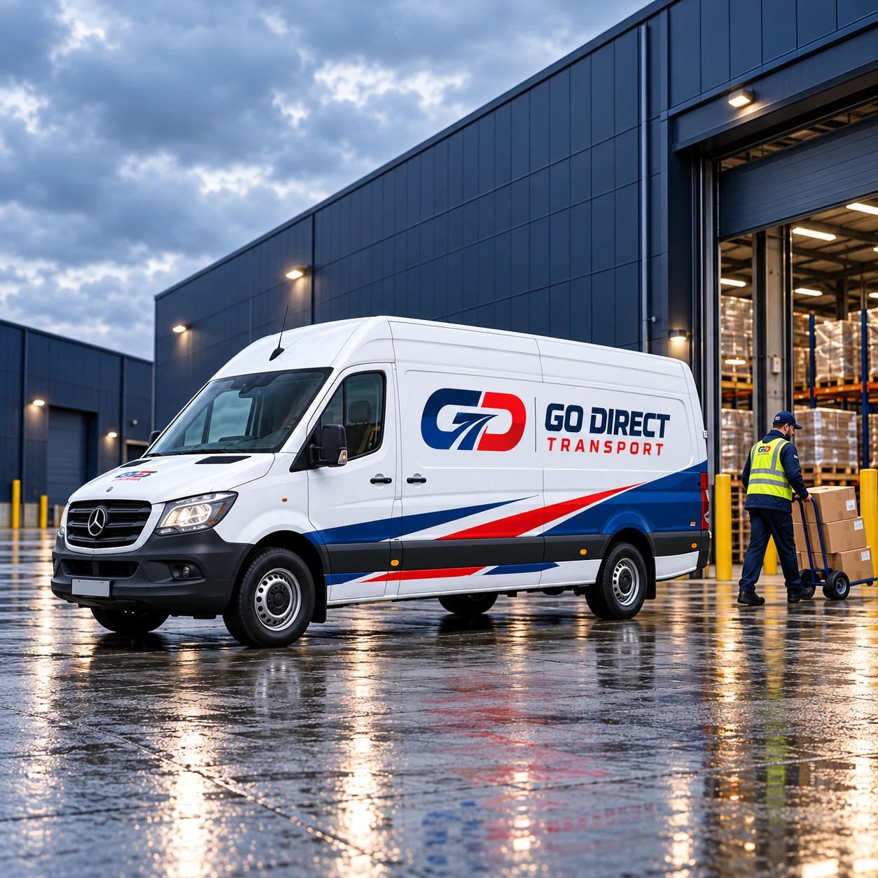 Go Direct courier van at a commercial warehouse collection