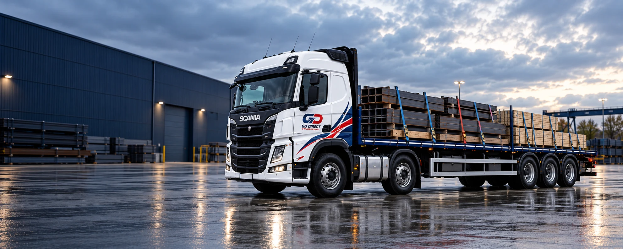 Go Direct flatbed truck carrying secured steel beams