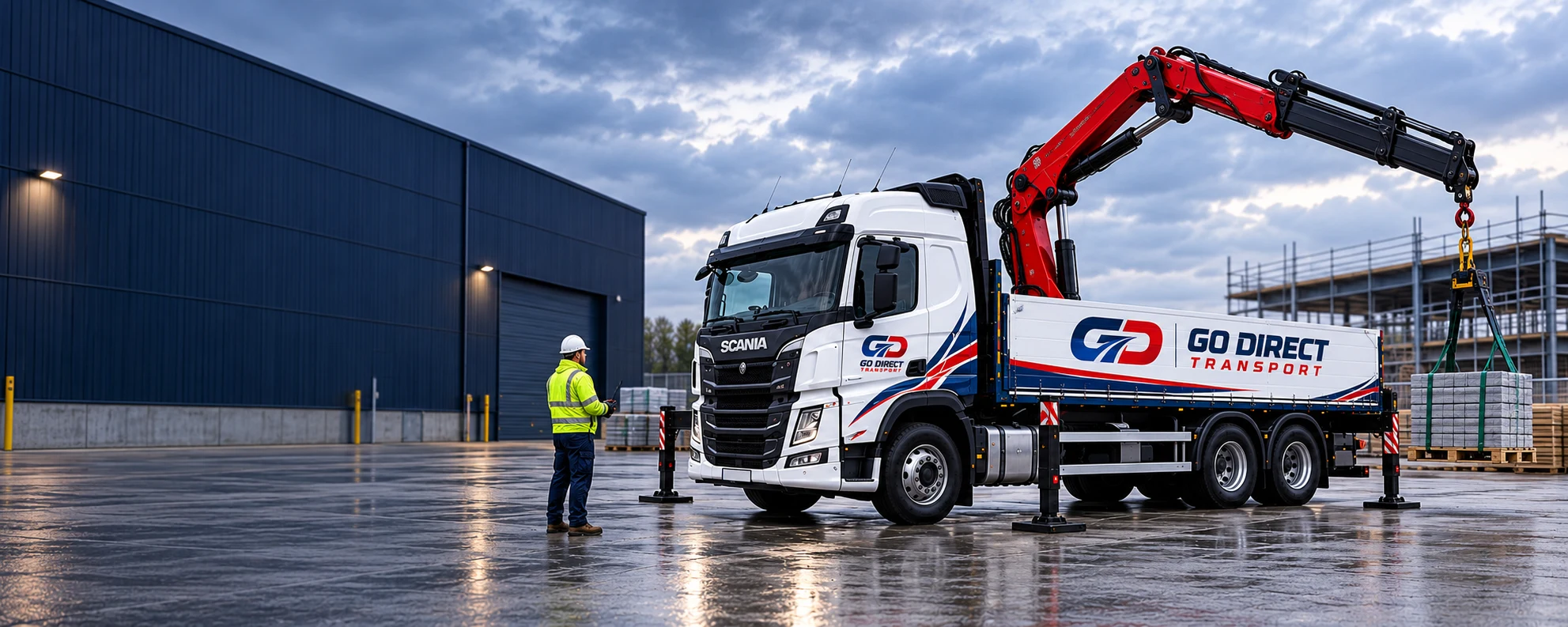 Go Direct HIAB crane truck unloading building materials at a site