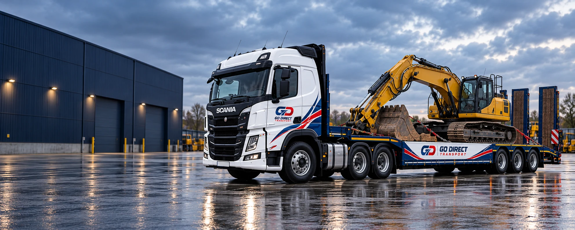 Excavator secured on a Go Direct transport vehicle