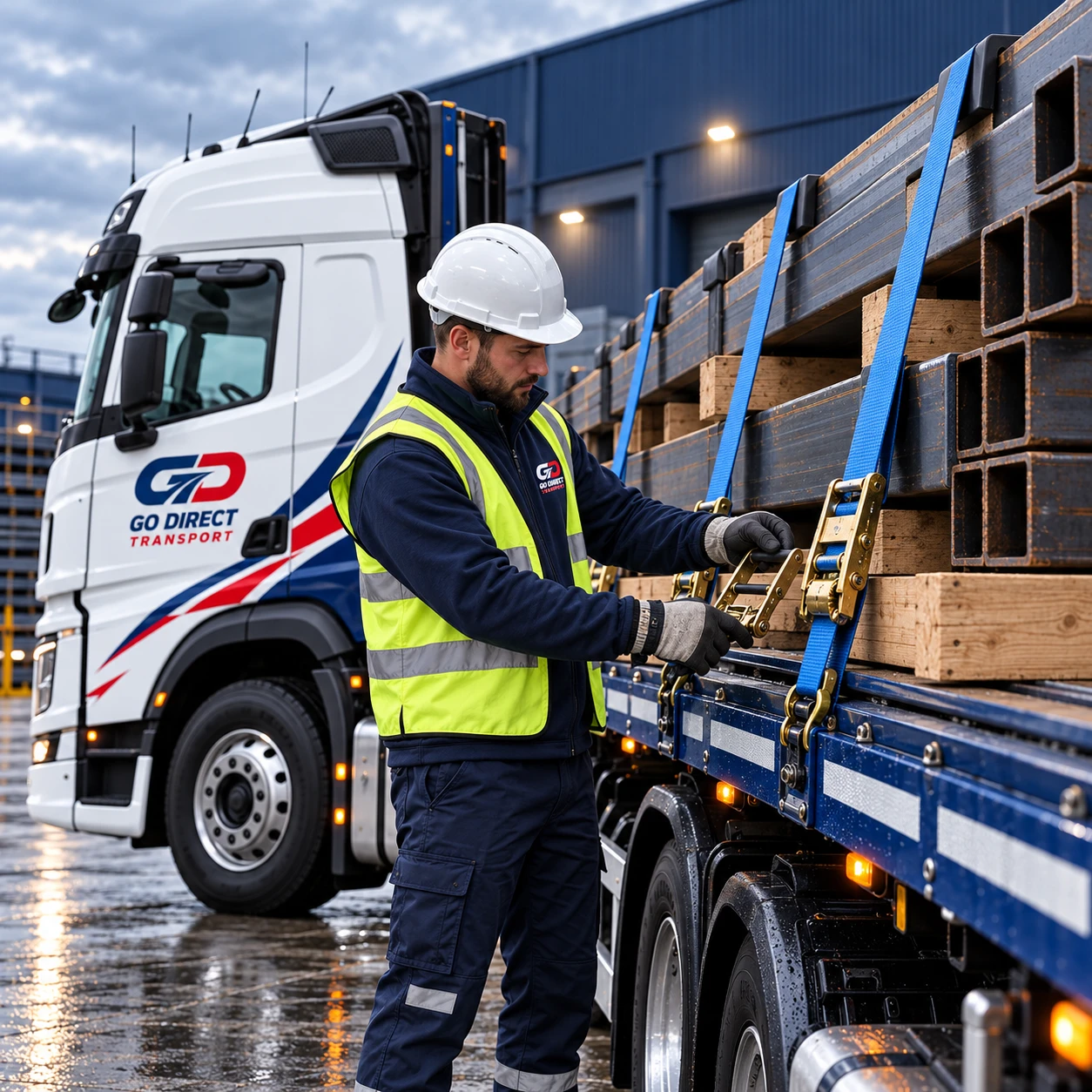 Go Direct driver checking ratchet straps securing steel sections on a flatbed trailer