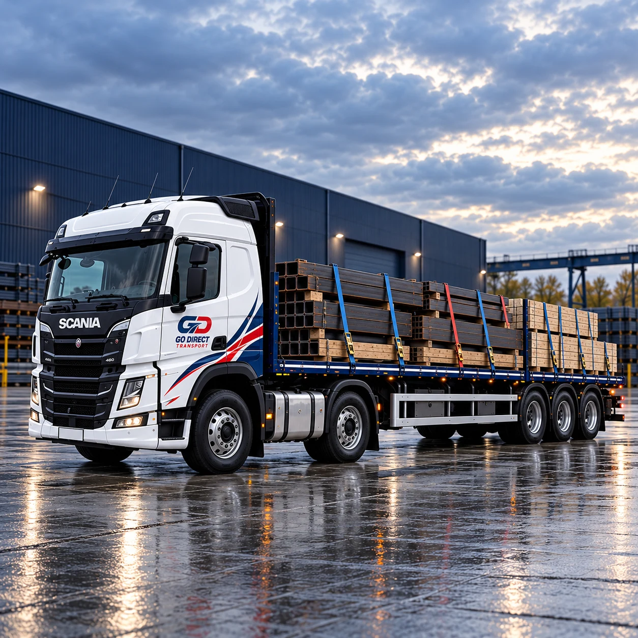 Go Direct flatbed truck carrying a commercial steel load