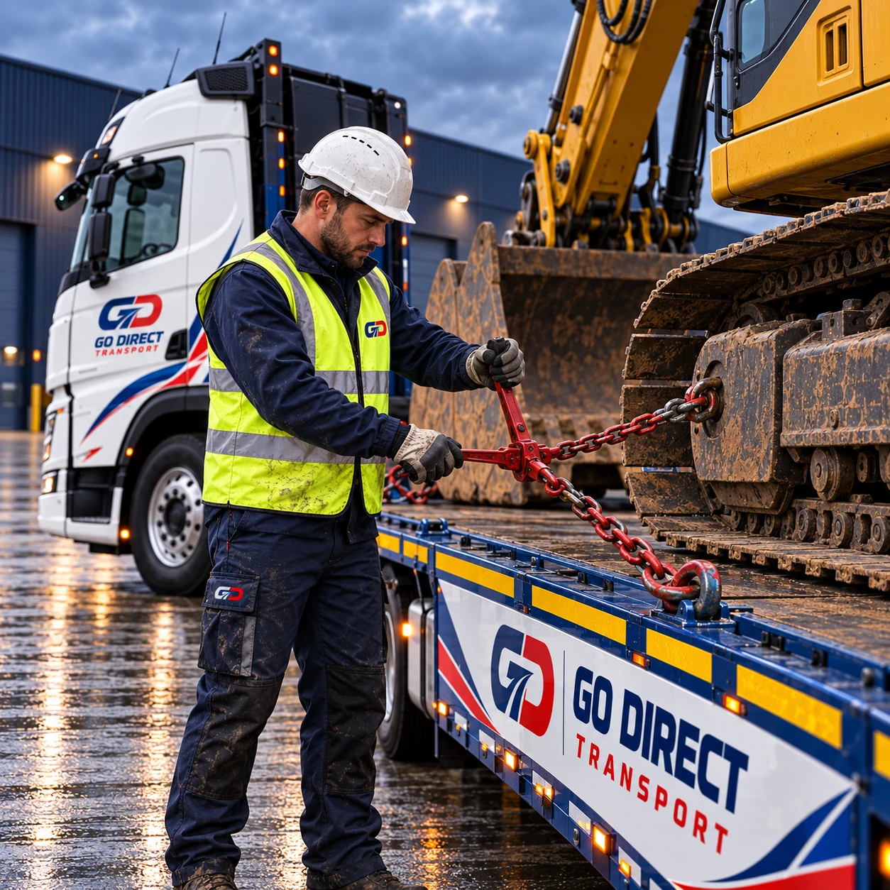 Go Direct operator checking the securing chains on an excavator loaded on a low-loader