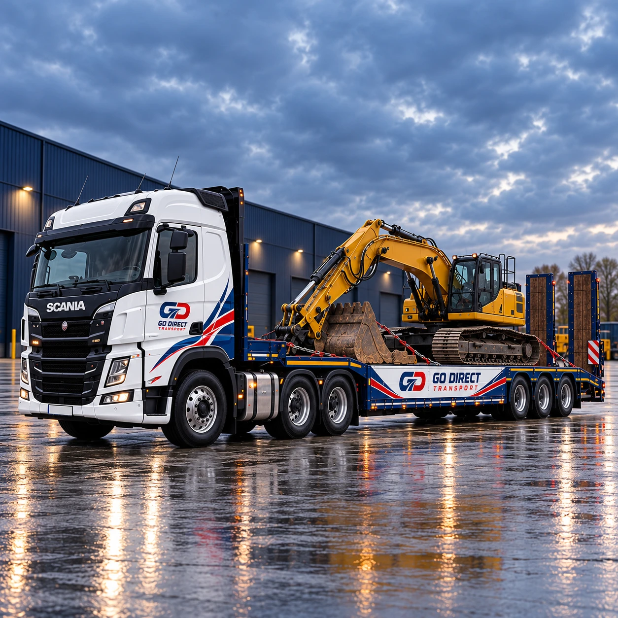 Go Direct low-loader carrying a secured excavator outside an industrial warehouse